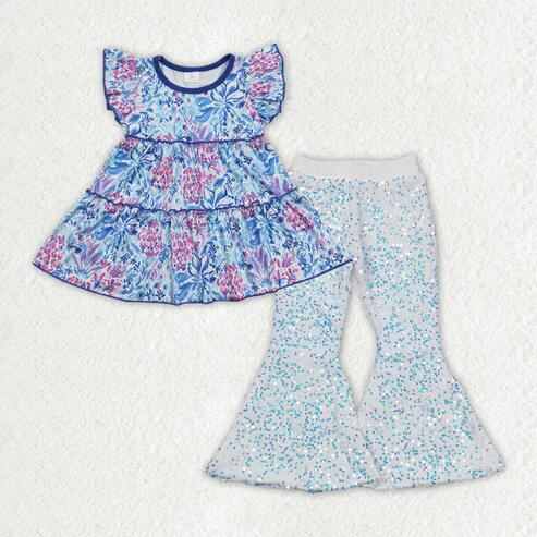 RTS NO MOQ Sibling Baby Girls Colorful Floral Tunic with Flutter Sleeves Sequin Bell Bottom Pants Cute Baby Outfit Set