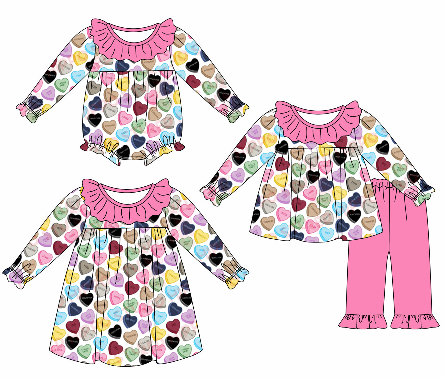 11.3 custom each style moq 5eta 4-6week Sibling Sister love pink baby girl sets and dress and rompers match family design
