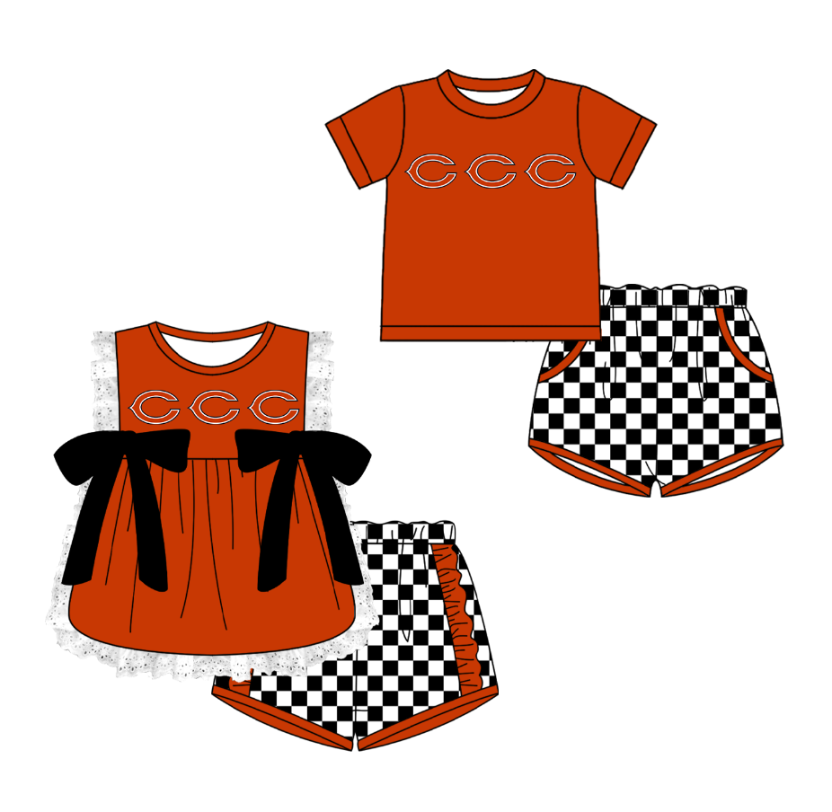 Custom moq 5 mix size milk silk summer teams Red Girl Sleeveless Top And Plaid Shorts Set with Bow Boy Short Sleeved Top And Plaid Shorts Set