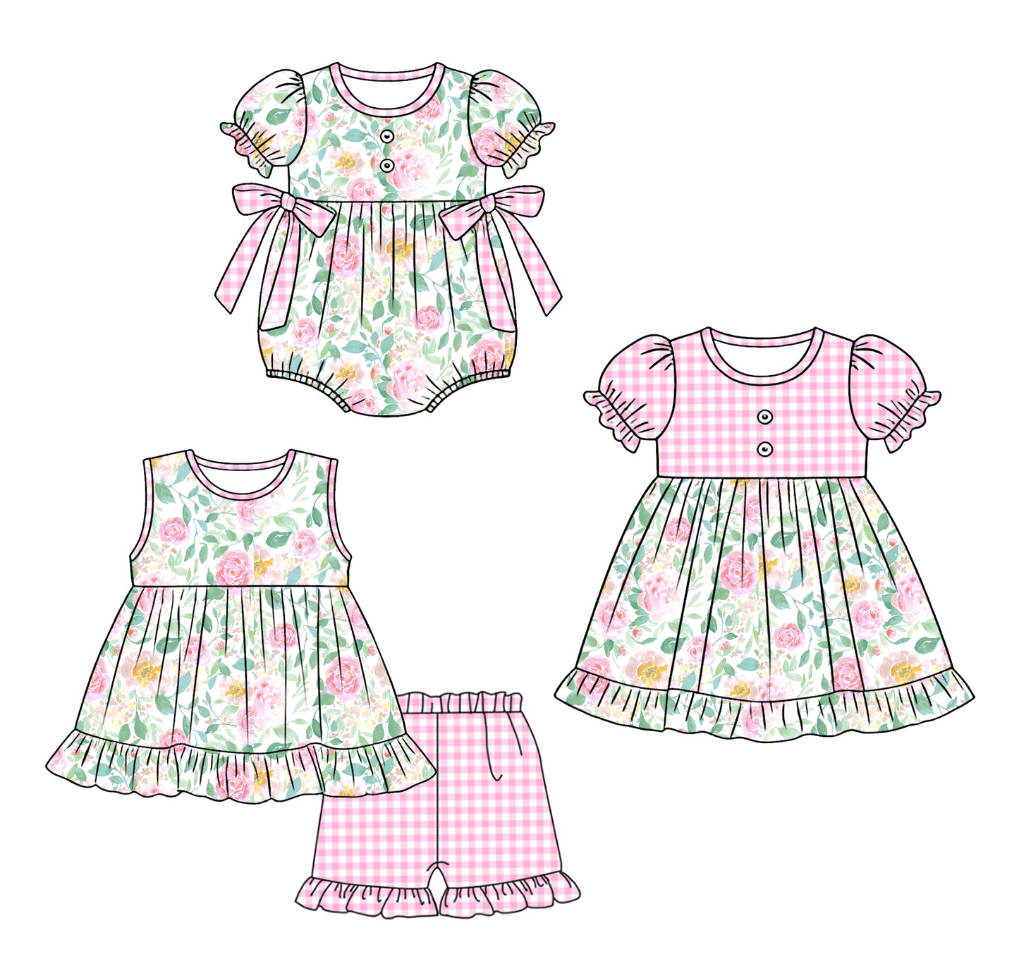 3.24 Custom moq 5 mix size Sibling Baby Girl's Colorful Flowers Sleeveless Top And Shorts Set Cute Dress for Summer