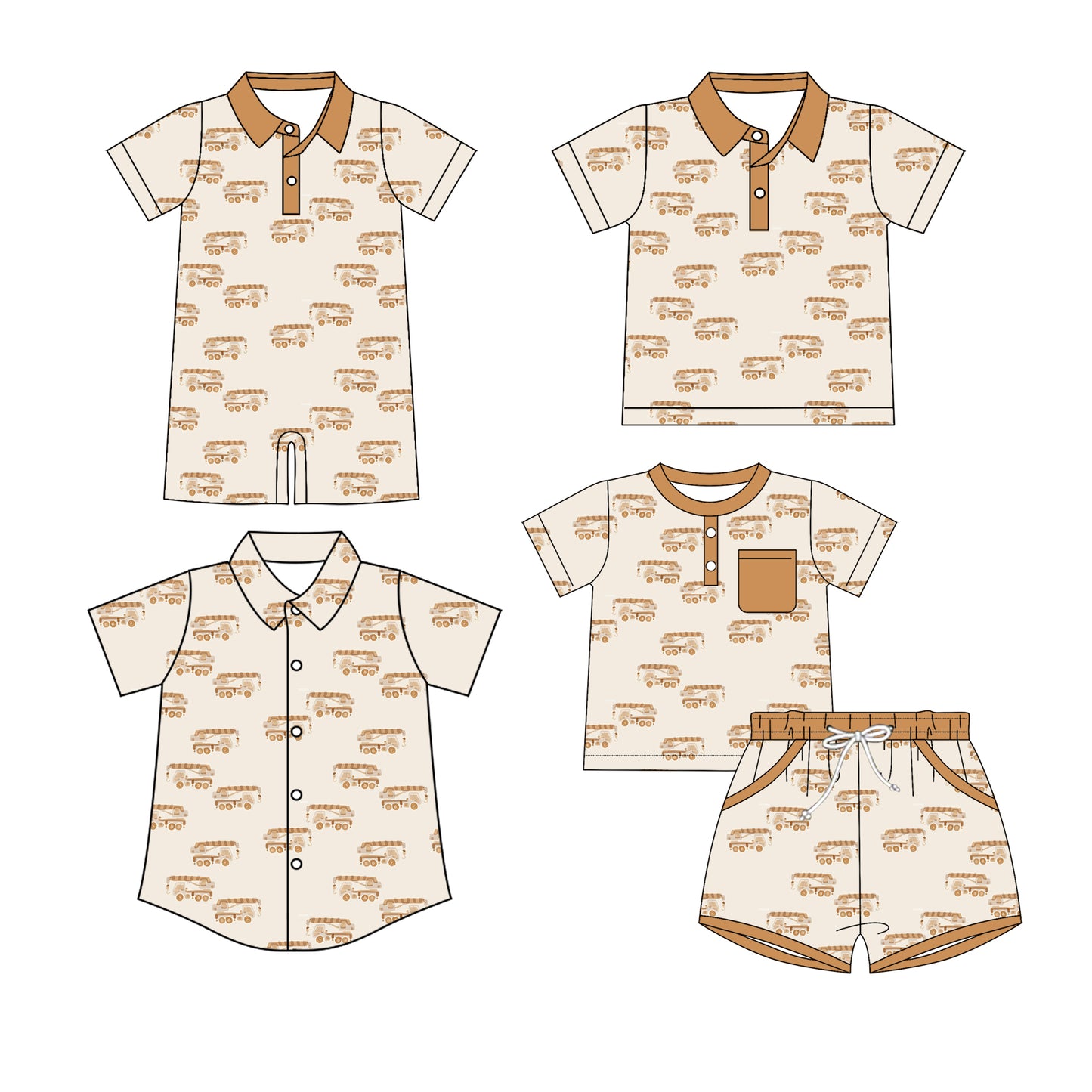 3.14 Custom moq 5 mix size Sibling Baby Boy's Short-Sleeved Brown Outfit Set with Matching Polo Shirt And Button-Down Shirt Romper