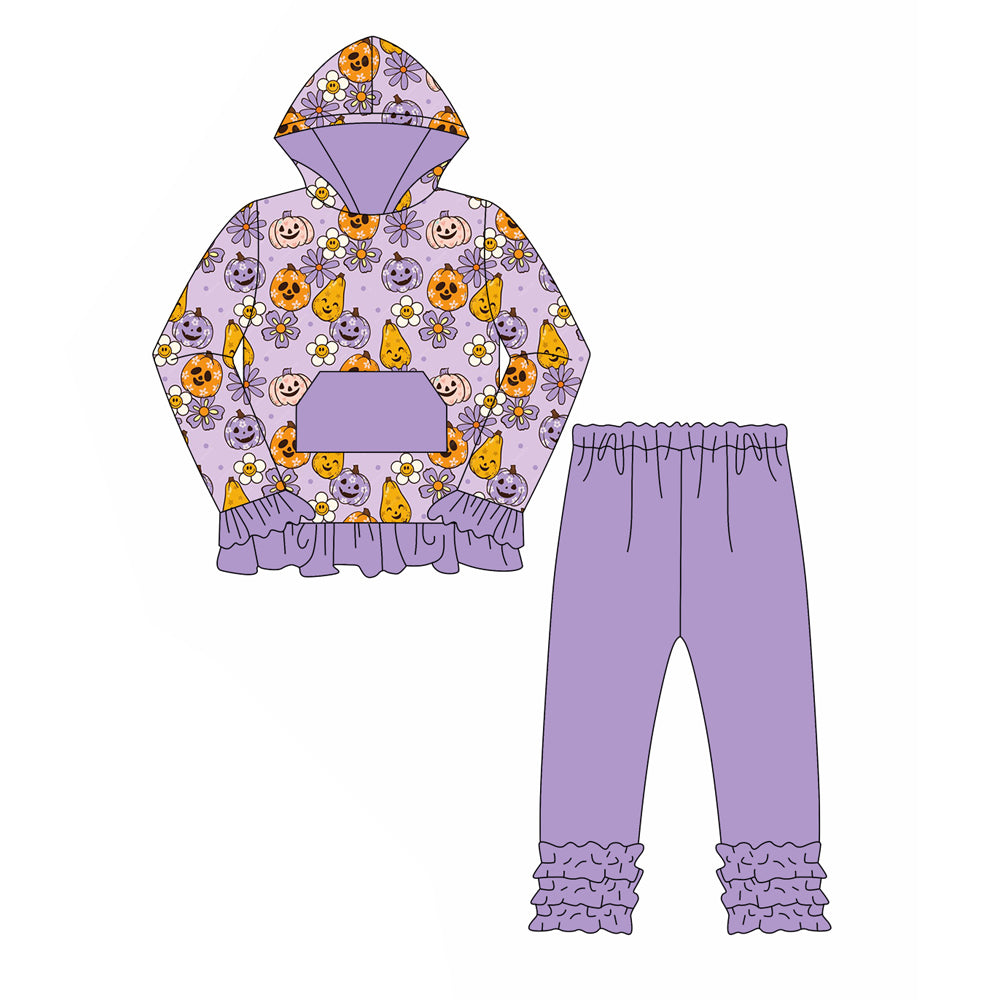7.5 custom each style moq 5eta 4-6week pumpkin purple hooded long sleeve pants baby girls sets