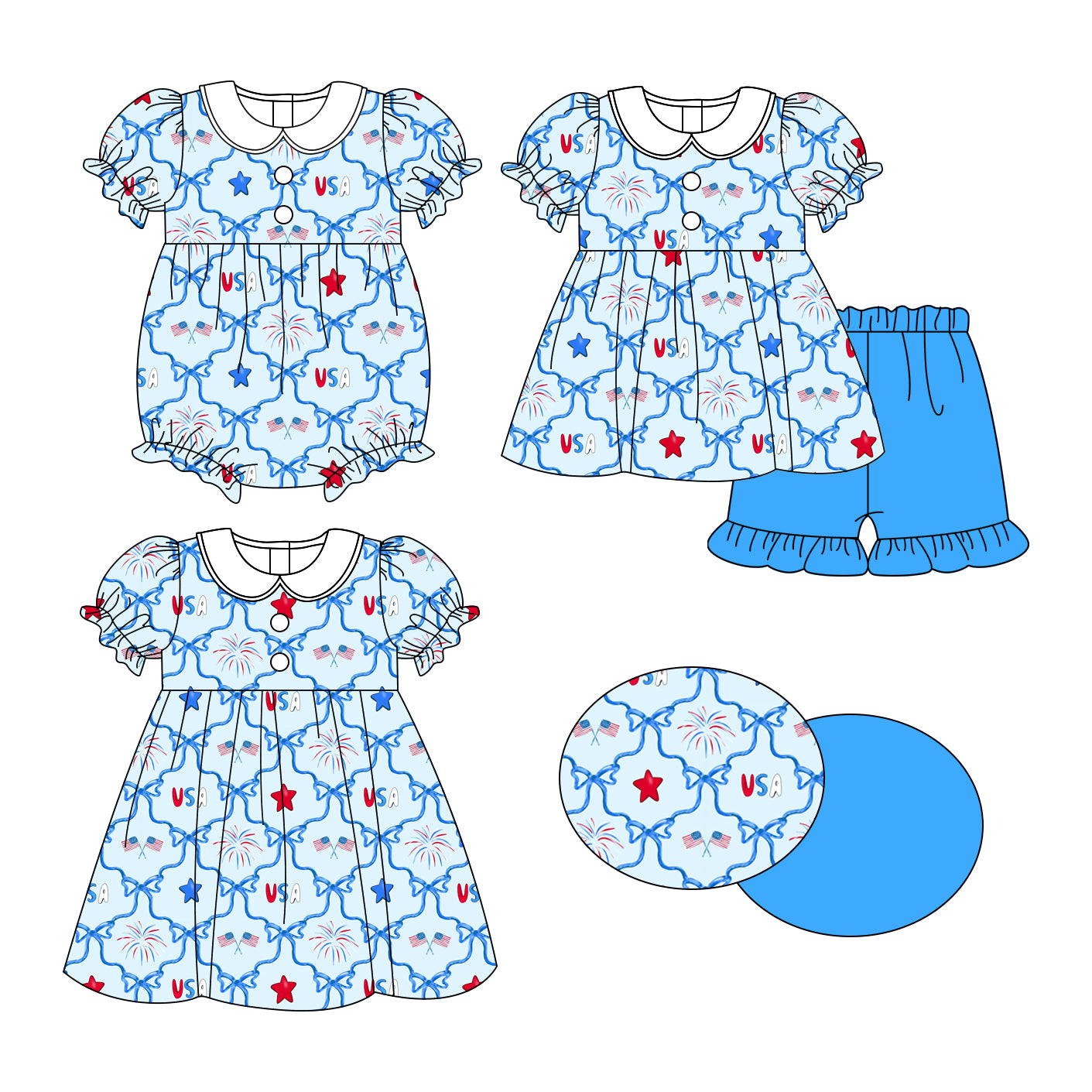 25.11.3 custom each style moq 5 eta 6-8week Sibling Sister star bow flag USA baby short sleeve shorts sets and romper and dress match design