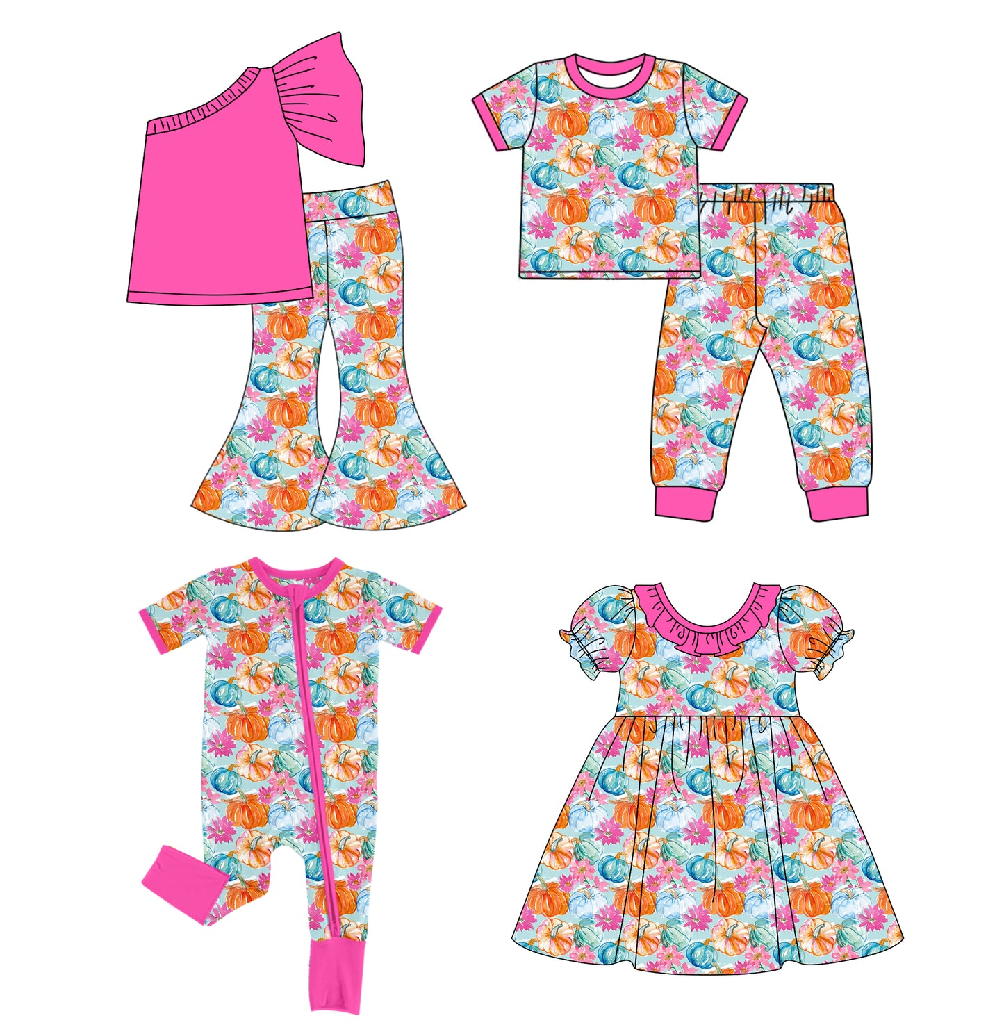 4.28 custom each style moq 5eta 4-6week Sibling Sister pumpkin short sleeve pants sets 1 and sets 2 and dress and romper match design