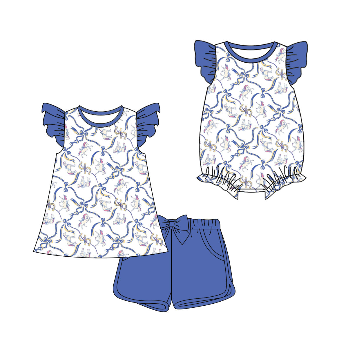 3.21 Custom moq 5 mix size Sibling Cute Clothes Baby Girl's Flutter Sleeve Top And Blue Short Set Matching Romper for Summer
