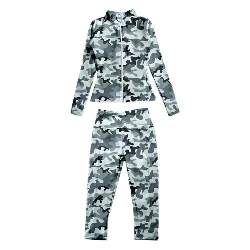 7.3 custom each style moq 5eta 4-6week baby girls clothes camouflage green Yoga Suit Zipper Long Sleeve Pants Set