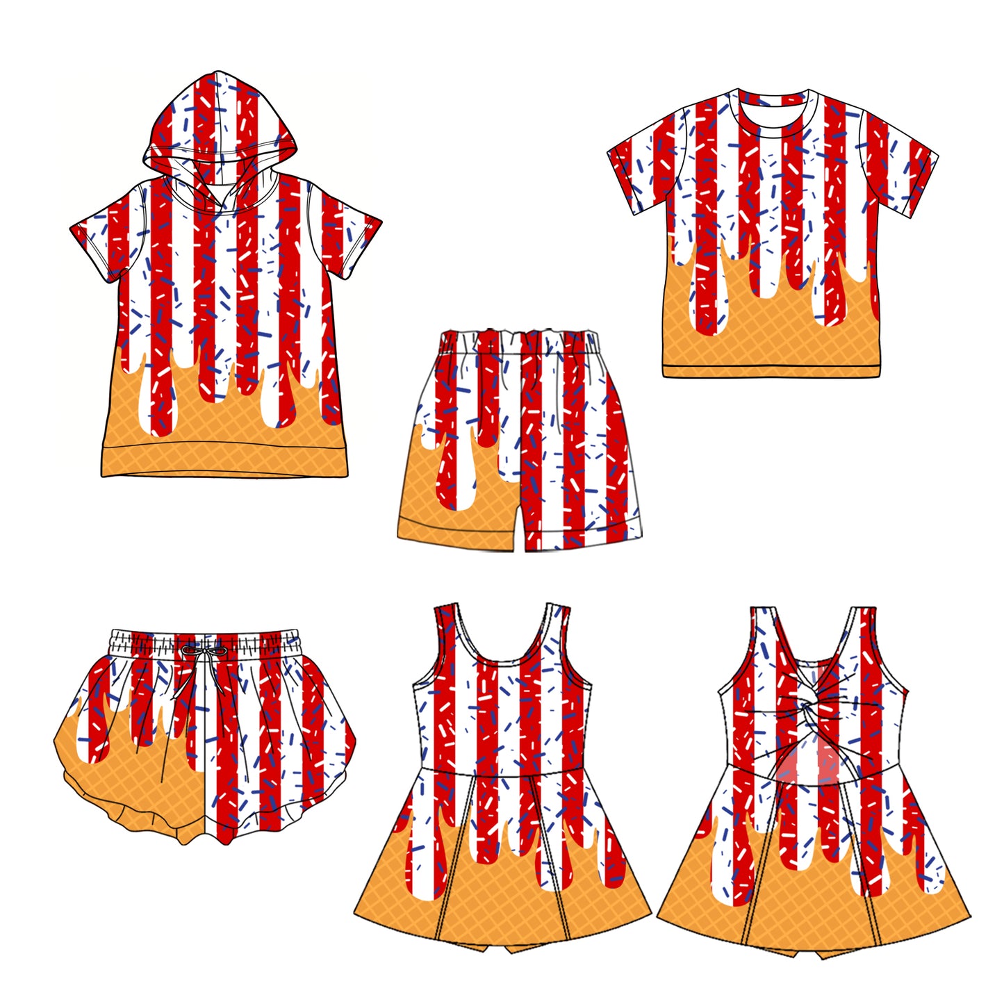 Custom moq 5 mix size Sibling Baby Boy Short-Sleeved Hooded Top and Crew Neck Top with Shorts Baby Girl Yoga Shorts And Dress for Kids 4th of July Ice Cream Drip Clothing