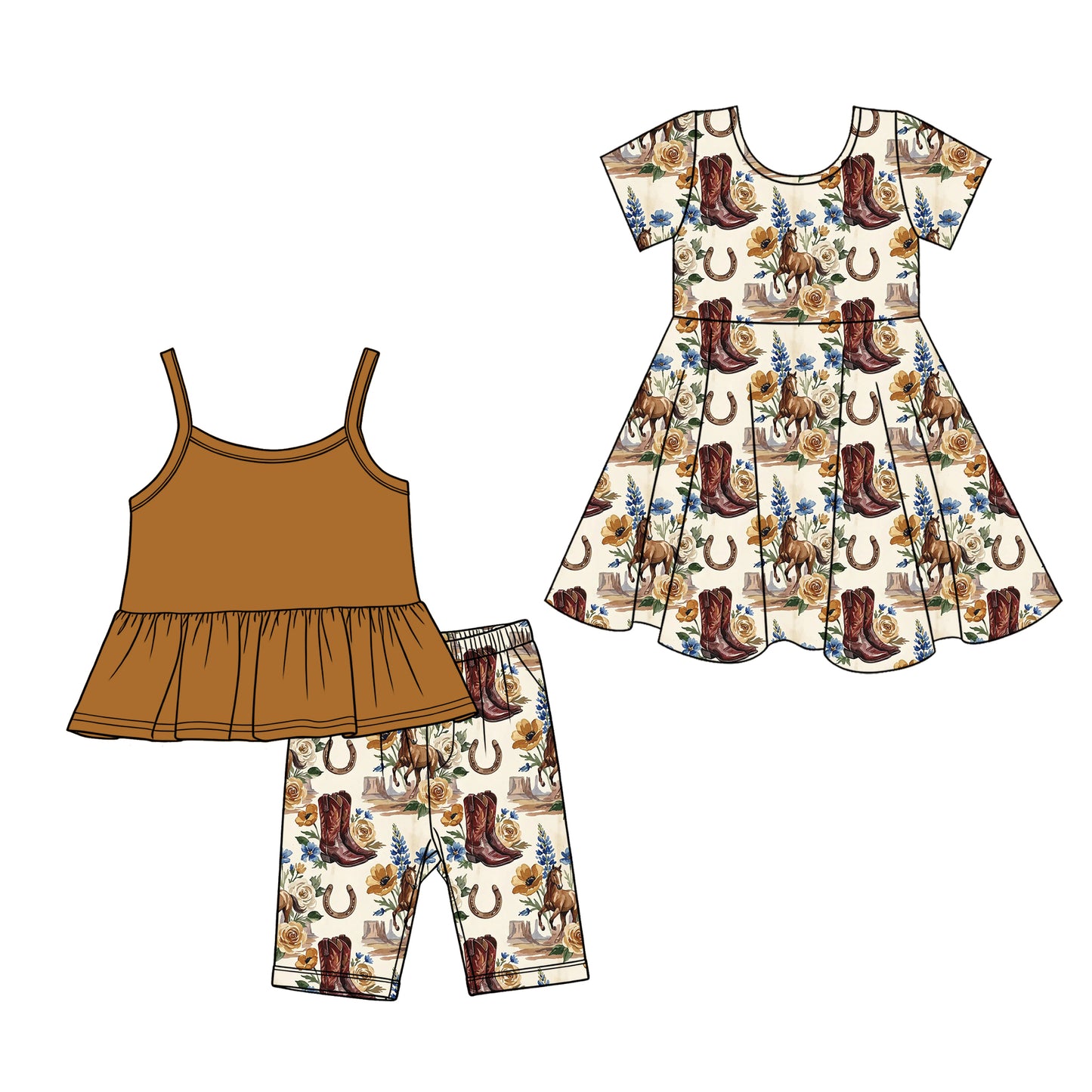 Custom moq 5 mix size Sibling Baby Girl's Brown sleeveless Top And Shorts Set Cute Dress for Summer