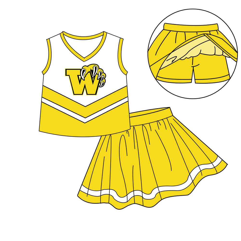 Custom moq 5 mix size milk silk eta 6-8weeks summer teams yellow baby girls clothes team sleeveless skirts shorts sets-25.7.7