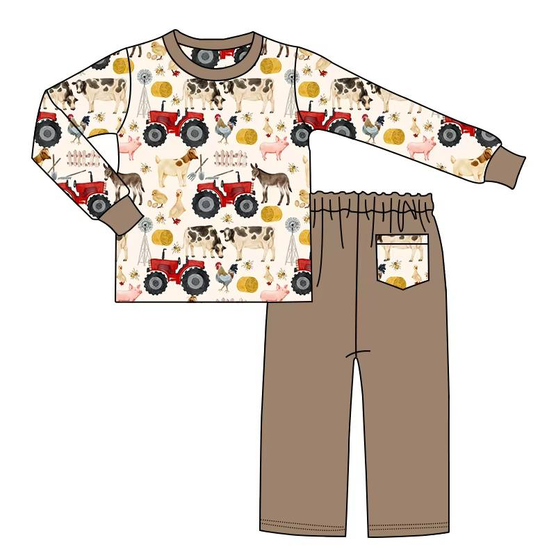 Custom moq 5 each style eta 6-7weeks baby boy clothes farm animal long sleeve pants sets-25.7.26
