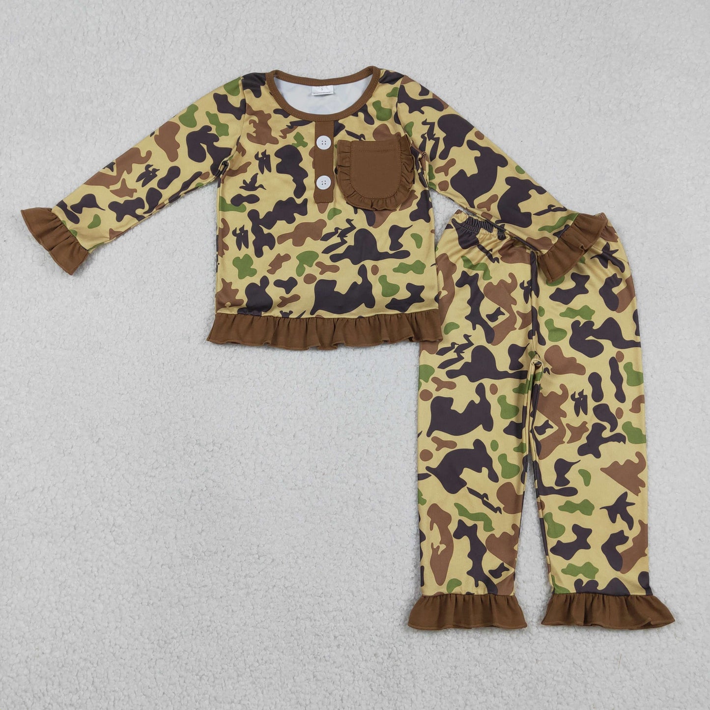RTS NO MOQ(In Stock) Brown Camouflage Lace Pocket Long-Sleeved Pants Pajama Set
