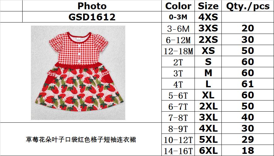 RTS NO MOQ ETA 5/7days Arrived GSD1612 Strawberry flower leaf pocket red plaid short-sleeved dress