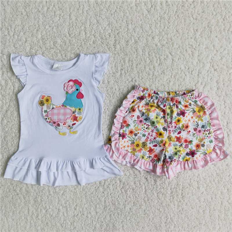 SALES NEW Girls Kids chicken farm embroidered summer shorts sets