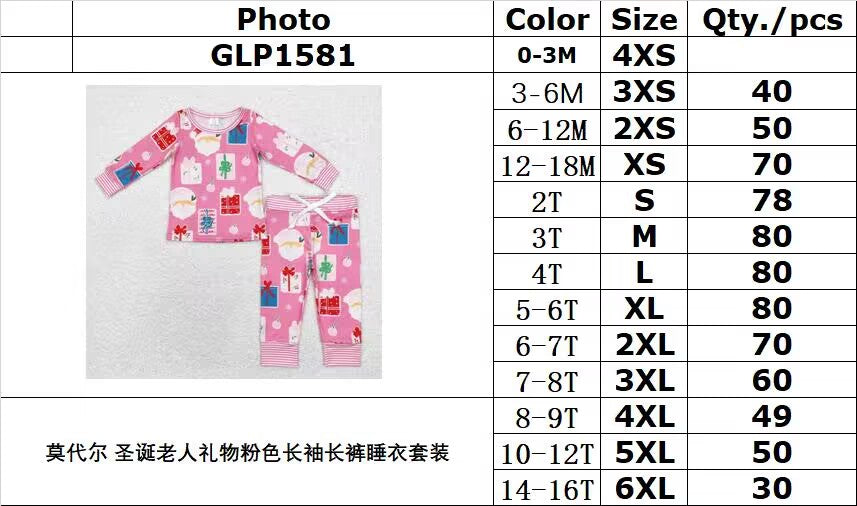 bamboo rts no moq GLP1581 Girls Santa Gift Pink Long Sleeve Long Pants Pajamas Set