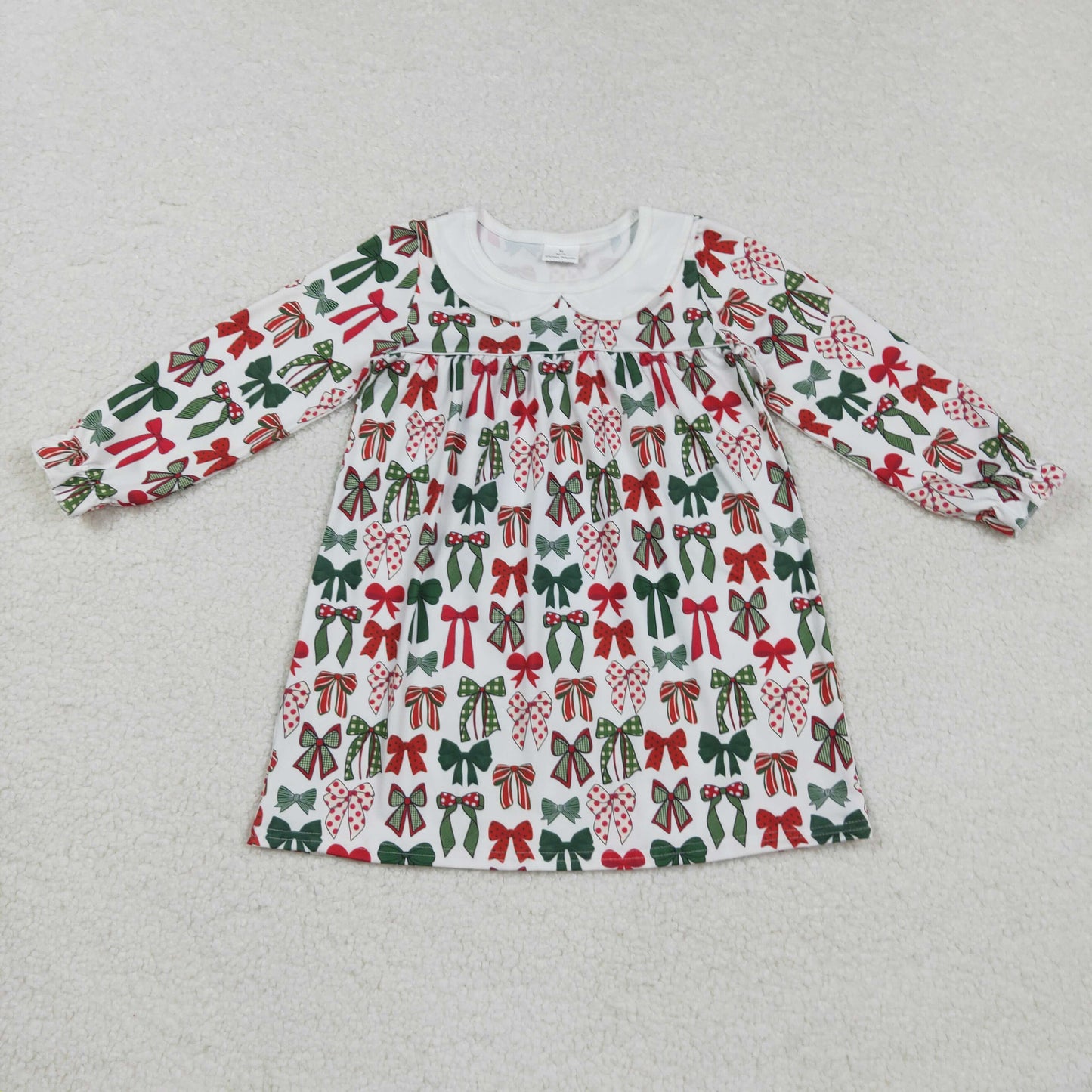 RTS NO MOQ(In Stock) GLD1237 Christmas bow pattern long-sleeved dress with a doll collar