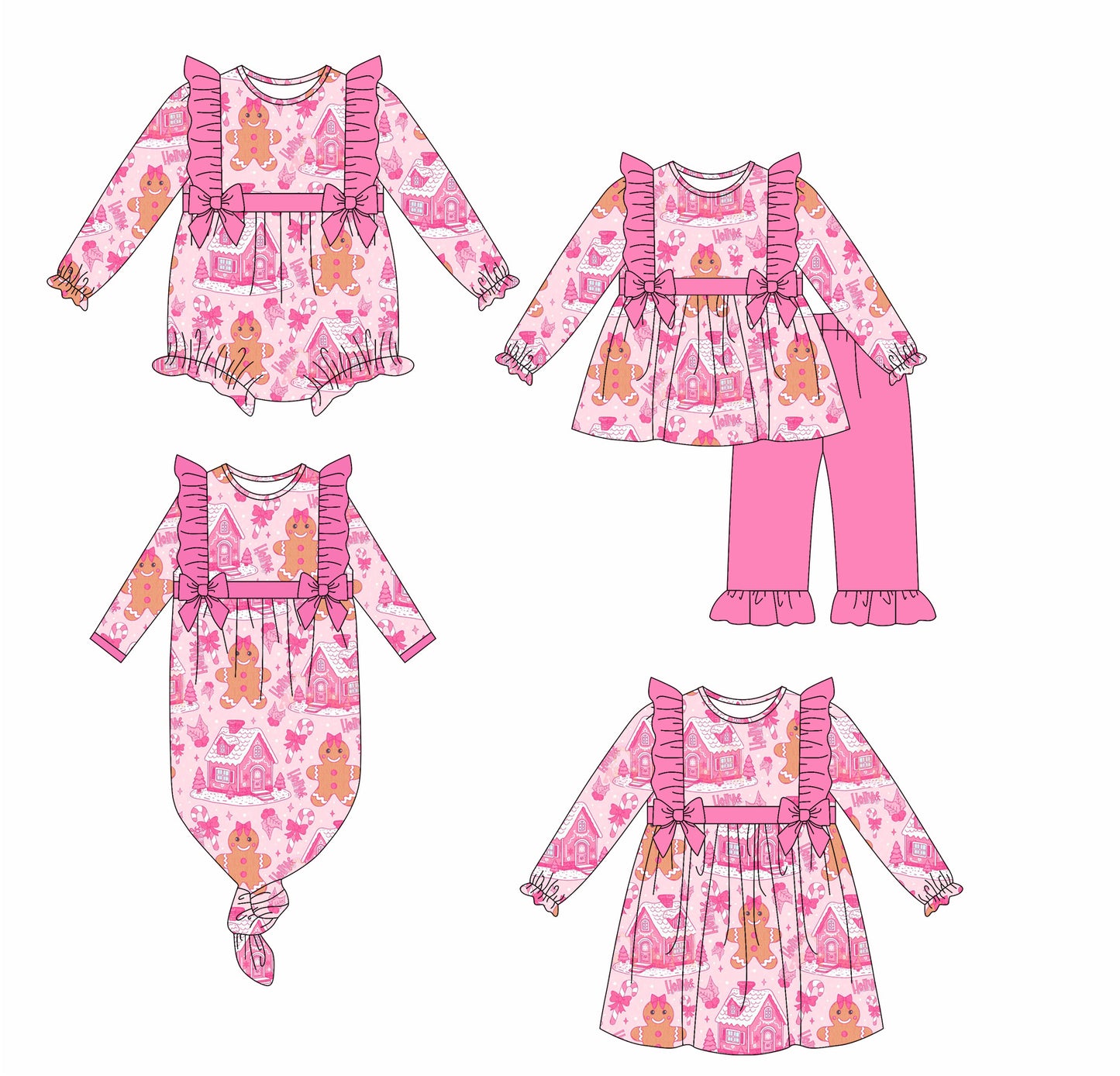25.6.14 custom each style moq 5eta 4-6week Sibling Sisters Christmas house pink baby girl long sleeve pants sets and dress and rompers and nightgown match family design