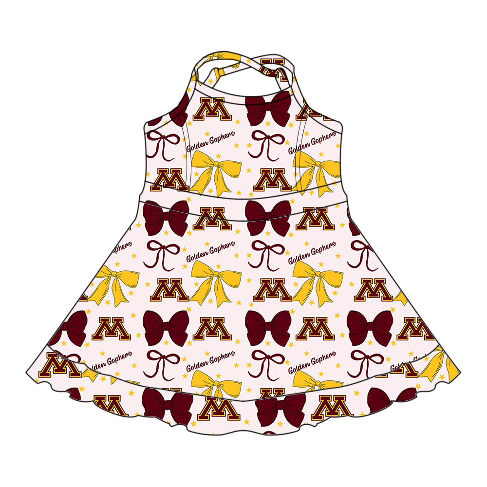 Custom moq 5 mix size milk silk summer teams baby girls clothes team bow brick red sleeveless skirts sets and dress 1 and dress 2 and dress 3-25.6.26
