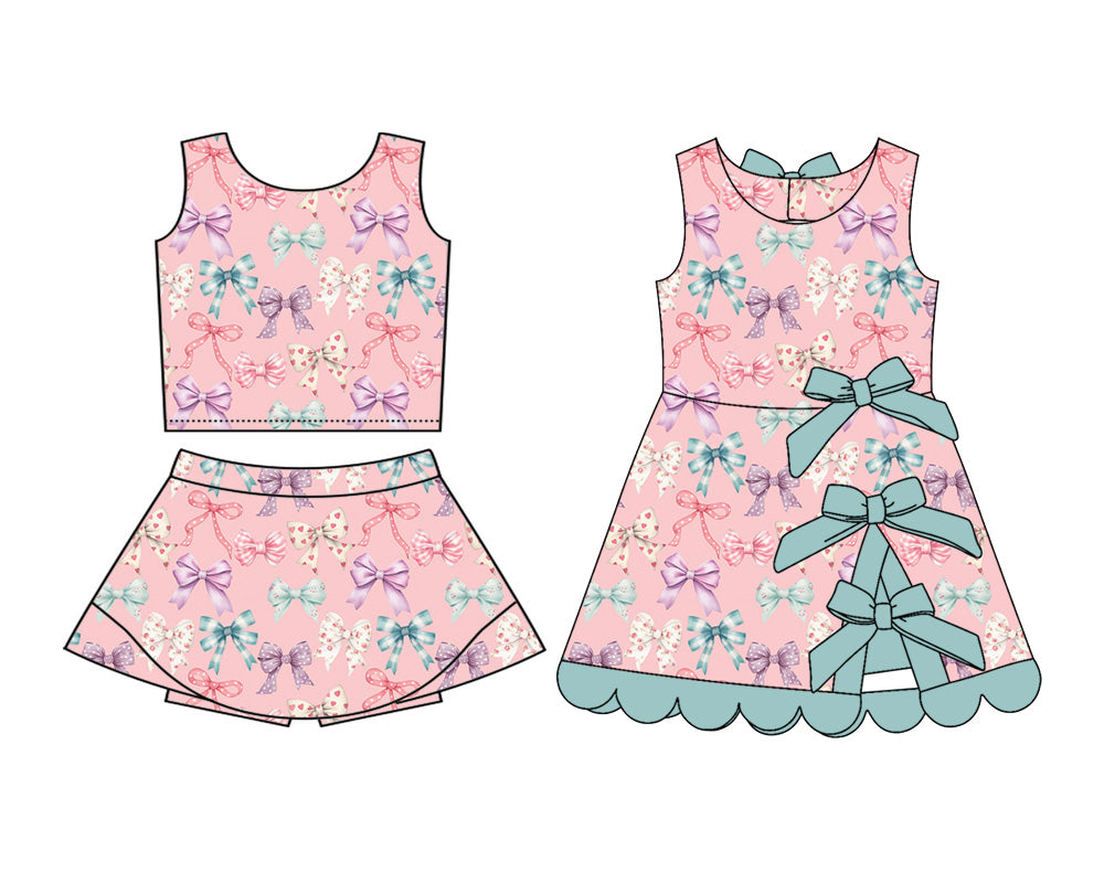3.19 Custom moq 5 mix size Sibling Baby Girls Pink Sleeveless Bows Top And Skirt Sets Dress Yoga Outfit