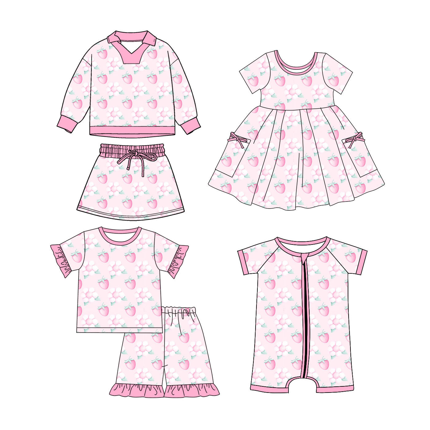 25.11.4 custom each style moq 5 eta 6-8week Sibling Sister strawberry floral baby short sleeve shorts sets and long shorts sets and romper and dress match design