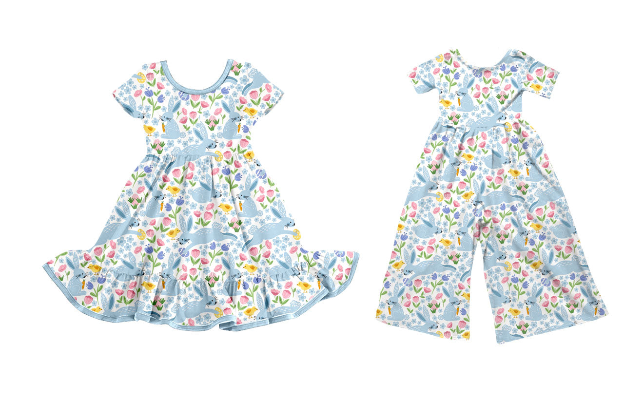 25.9.20 custom each style moq 8 eta 6-8week Sibling Sisters bunny floral baby girl long sleeve dress and jumpsuit match family design