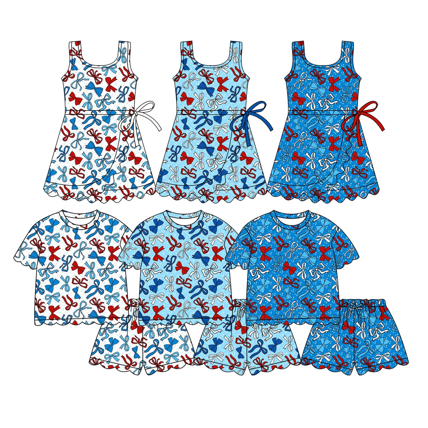 26.1.21 custom each style moq 5 eta 6-8week Scallop Sibling Sister bow baby short sleeve shorts sets 3 and dresses 3 match design