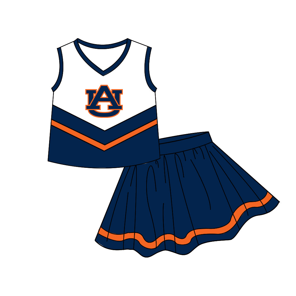 Custom moq 5 mix size milk silk summer teams Baby Girls Cheerleader Navy Blue Sleeveless Top Skirt Team Clothes Set