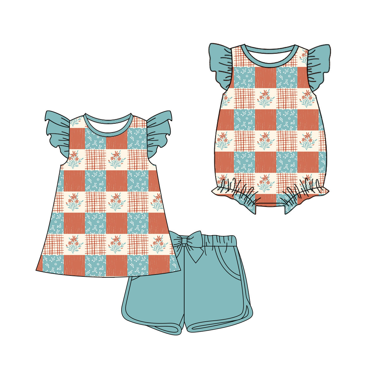 3.21 Custom moq 5 mix size Sibling Cute Clothes Baby Girl's Checked Flutter Sleeve Top And Short Set Matching Romper for Summer