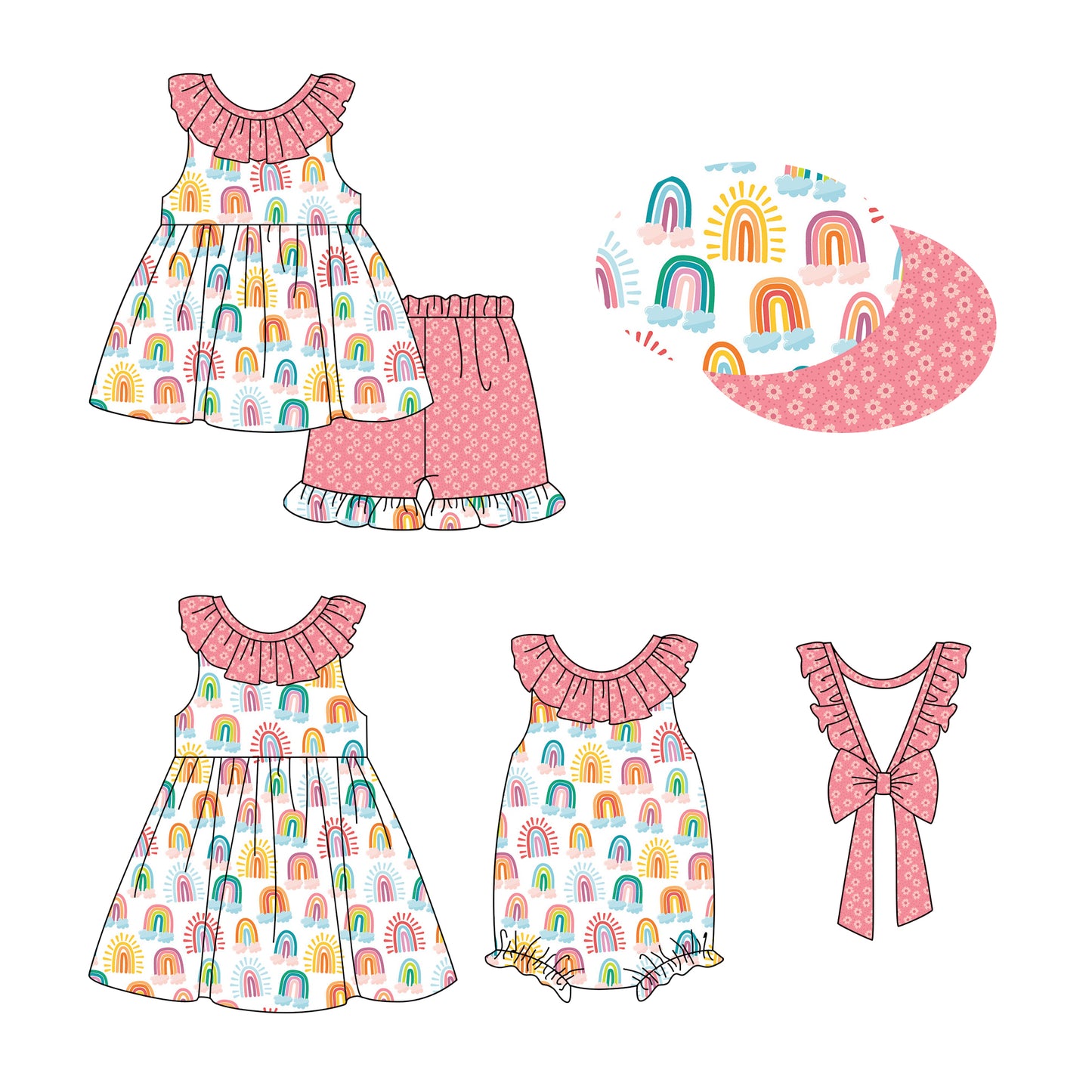 12.28 custom each style moq 5eta 4-6week Sibling Sister rainbow baby girl short sleeve shorts sets and dress and rompers match family design