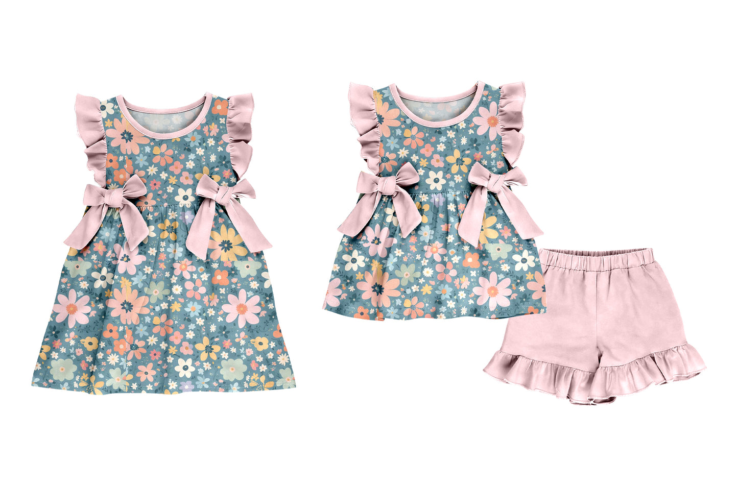 2.27 Custom moq 5 mix size Sibling Baby Girl's pink Floral print Sleeveless Top And Shorts Set Cute Romper Dress for Summer
