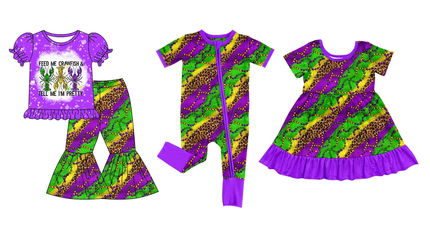 12.5 custom each style moq 5eta 4-6week Sibling Sister MARDI GRAS baby girl sets and dress and rompers match family design