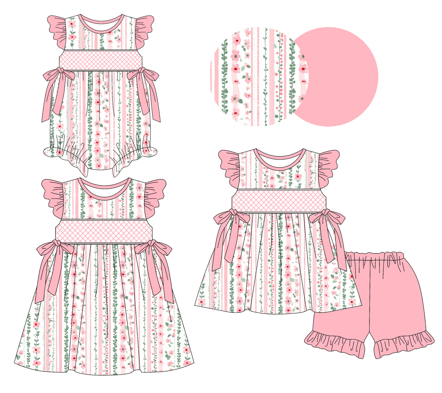 3.7 custom each style moq 5eta 4-6week Sibling Sisters floral baby girl short sleeve shorts sets and dress and rompers match family design
