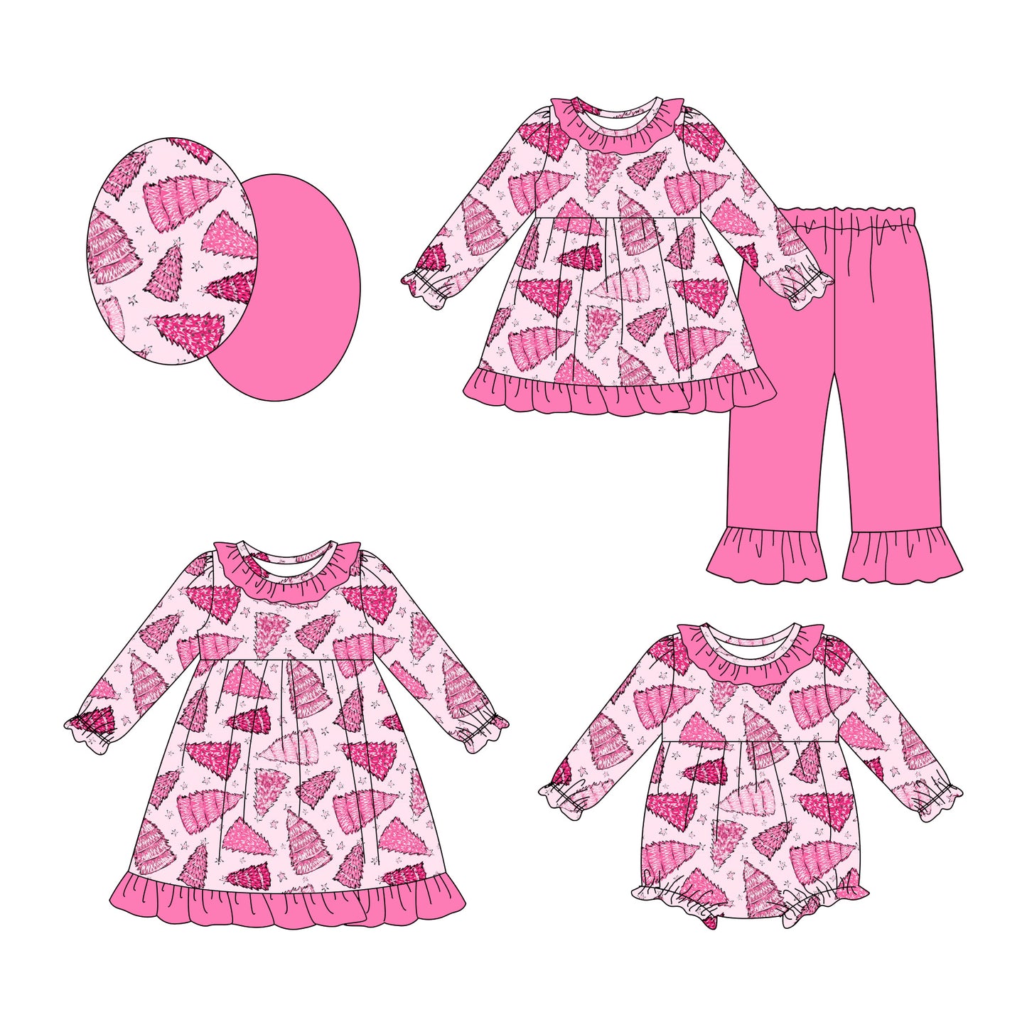 25.7.18 custom each style moq 5eta 4-6week Sibling Sisters Christmas trees pink baby girl long sleeve pants sets and dress and rompers match family design