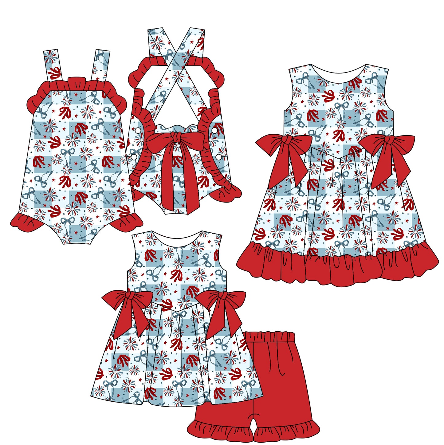 3.20 Custom moq 5 mix size Sibling Baby Girl's 4th of July Sleeveless Top And Shorts Set Cute Romper Dress for Summer