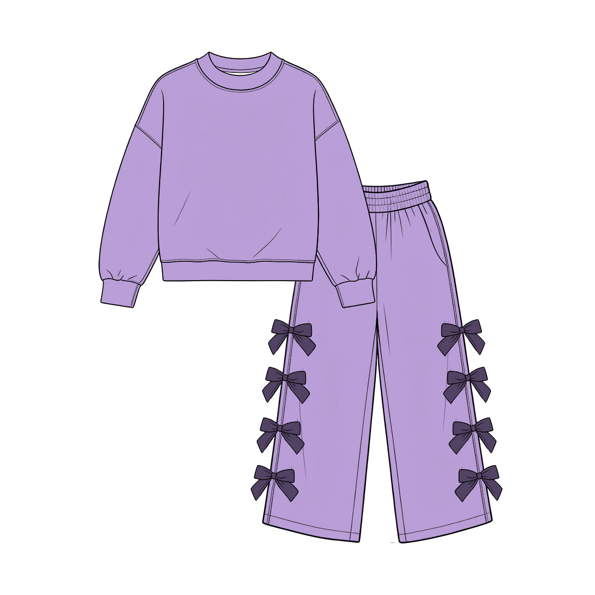 custom moq 5 mix size Baby Girls Lavender Long Sleeve Crew Neck Top Dark Purple Bow Wide Leg Pants Two Piece Set