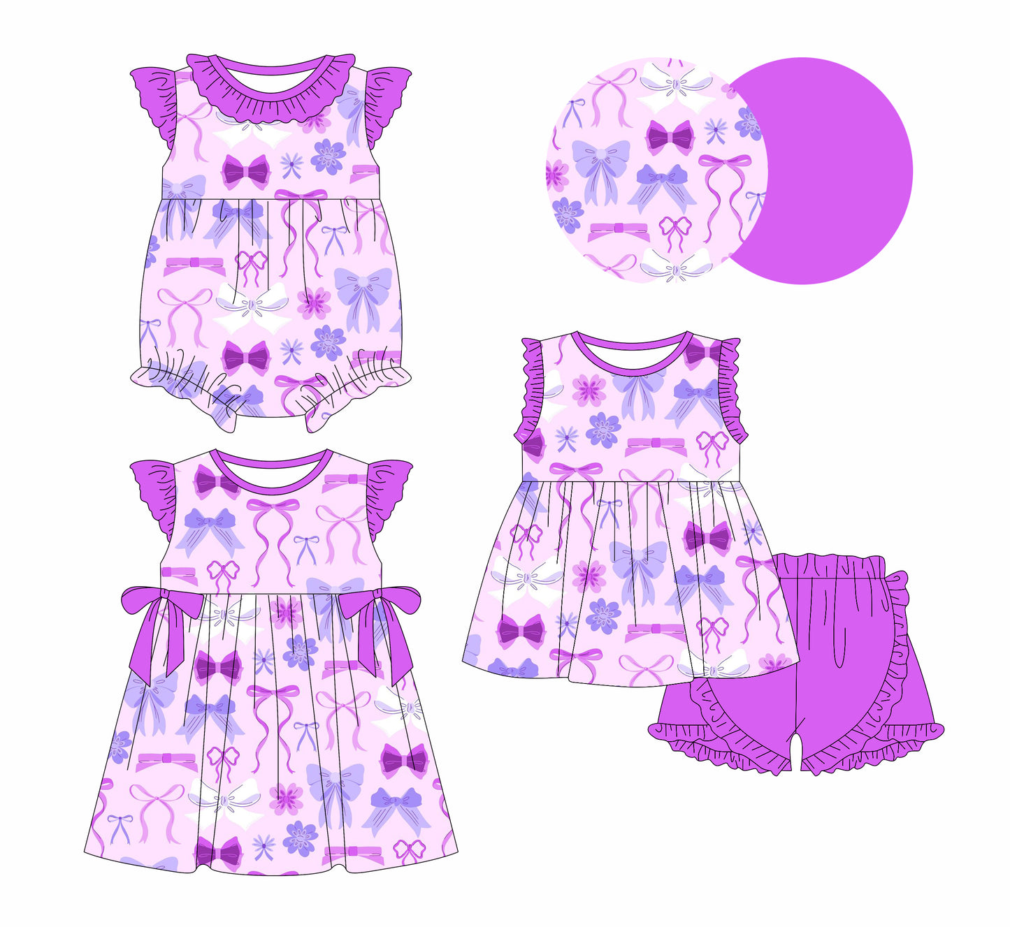 2.12 custom each style moq 5eta 4-6week Sibling Sisters bow baby girl short sleeve shorts sets and dress and rompers match family design
