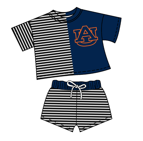 Custom moq 5 mix size milk silk summer teams Children's Navy blue Striped Outfit Set Short-Sleeved Crew Neck Top And Drawstring Shorts for Kids