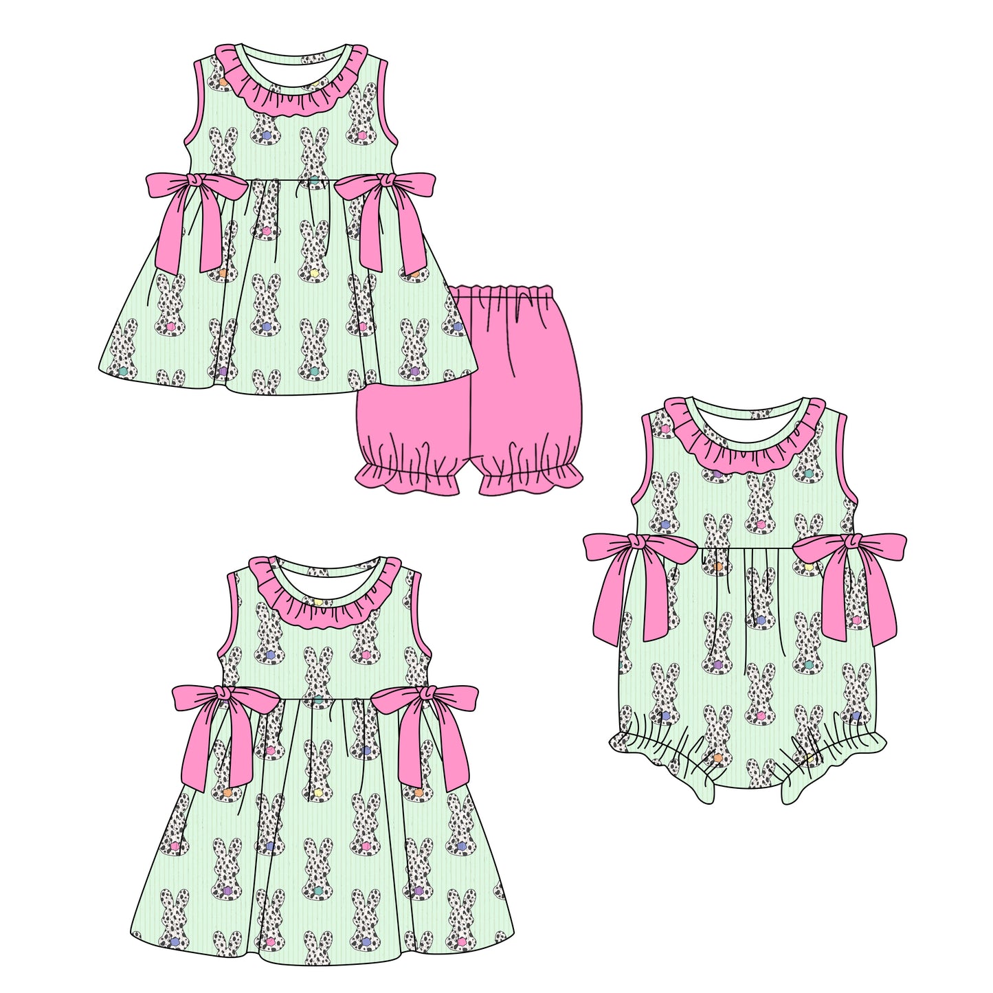 Custom moq 5 mix size Sibling Baby Girl's Bunny Print Easter Short-Sleeved Top And Shorts Set Cute Romper Dress for Spring Summer
