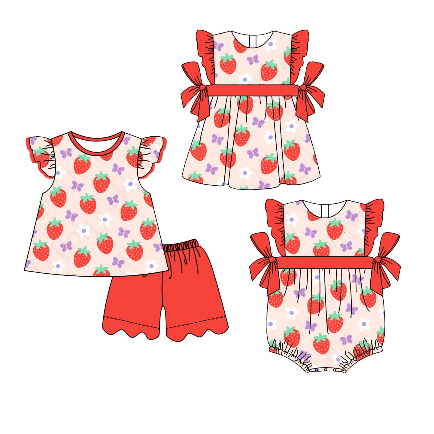 3.30 Custom moq 5 mix size Sibling Baby Girl's Flutter Sleeve Top And Red Scallop Shorts Set Cute Romper Dress for Summer
