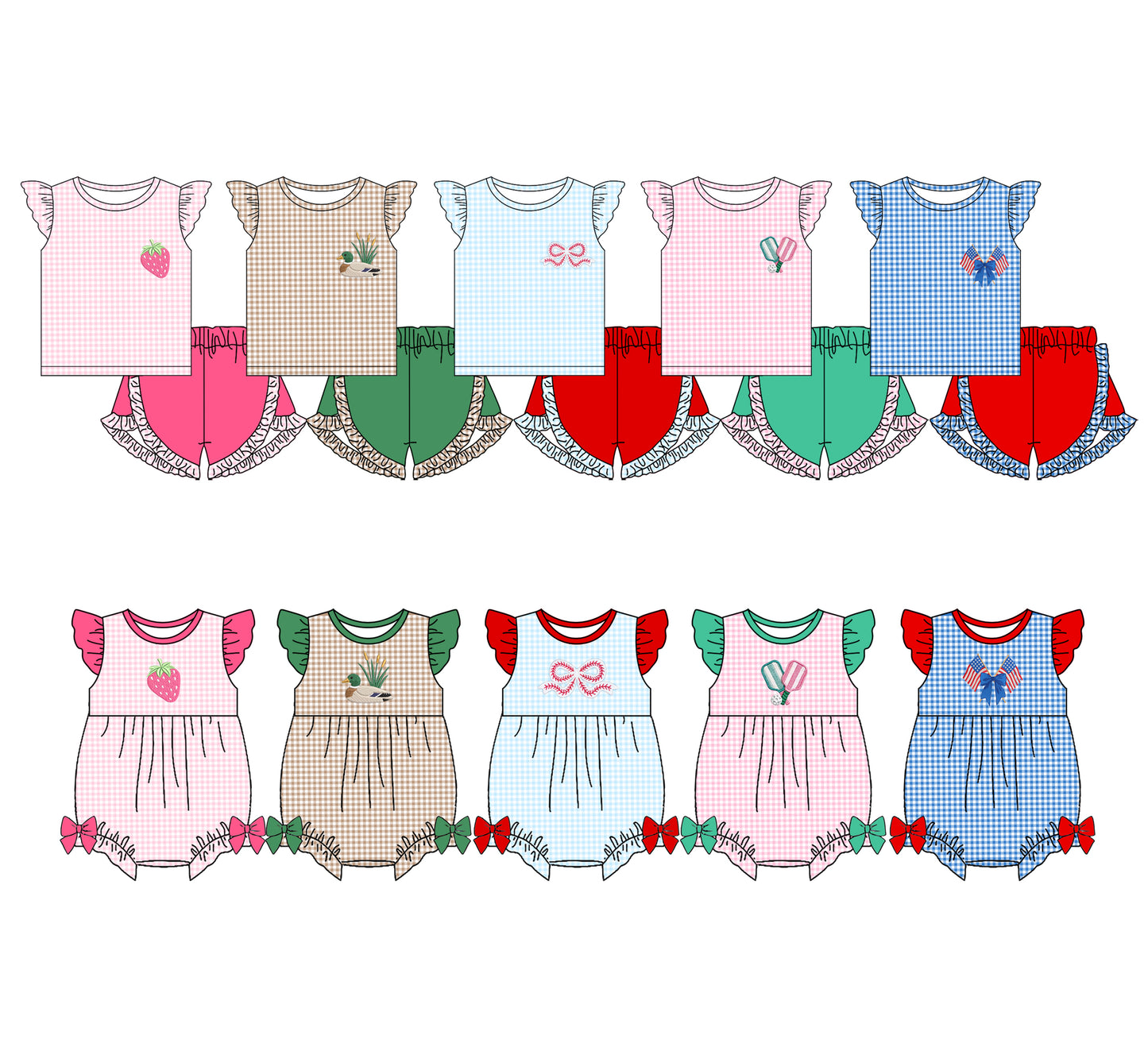3.25 Custom moq 5 mix size Sibling Baby Girl's Checked Flutter Sleeve Top And Ruffle Shorts Set Flutter Sleeve Rompers Summer Outfit
