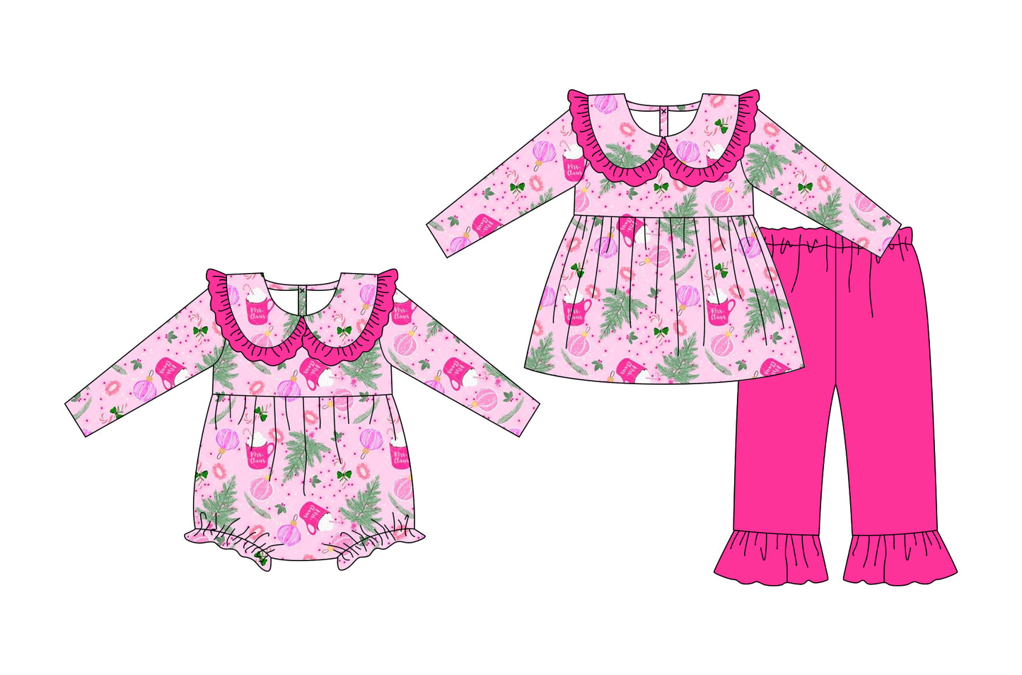 25.5.15 custom each style moq 5eta 4-6week Sibling Sisters Christmas trees baby girl long sleeve pants sets and rompers match family design