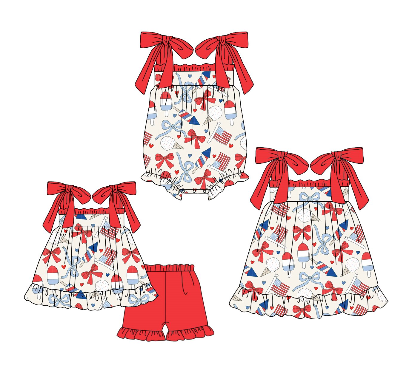 26.1.23 custom each style moq 5 eta 6-8week Sibling Sister flag bow baby short sleeve shorts sets and romper and dress match design