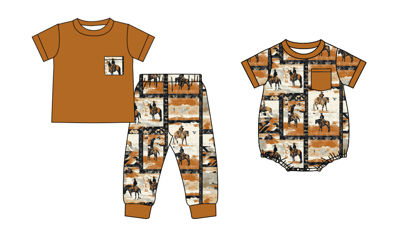 11.1 custom each style moq 5eta 4-6week Sibling Sister riding horse brown baby boys short sleeve sets and rompers match design