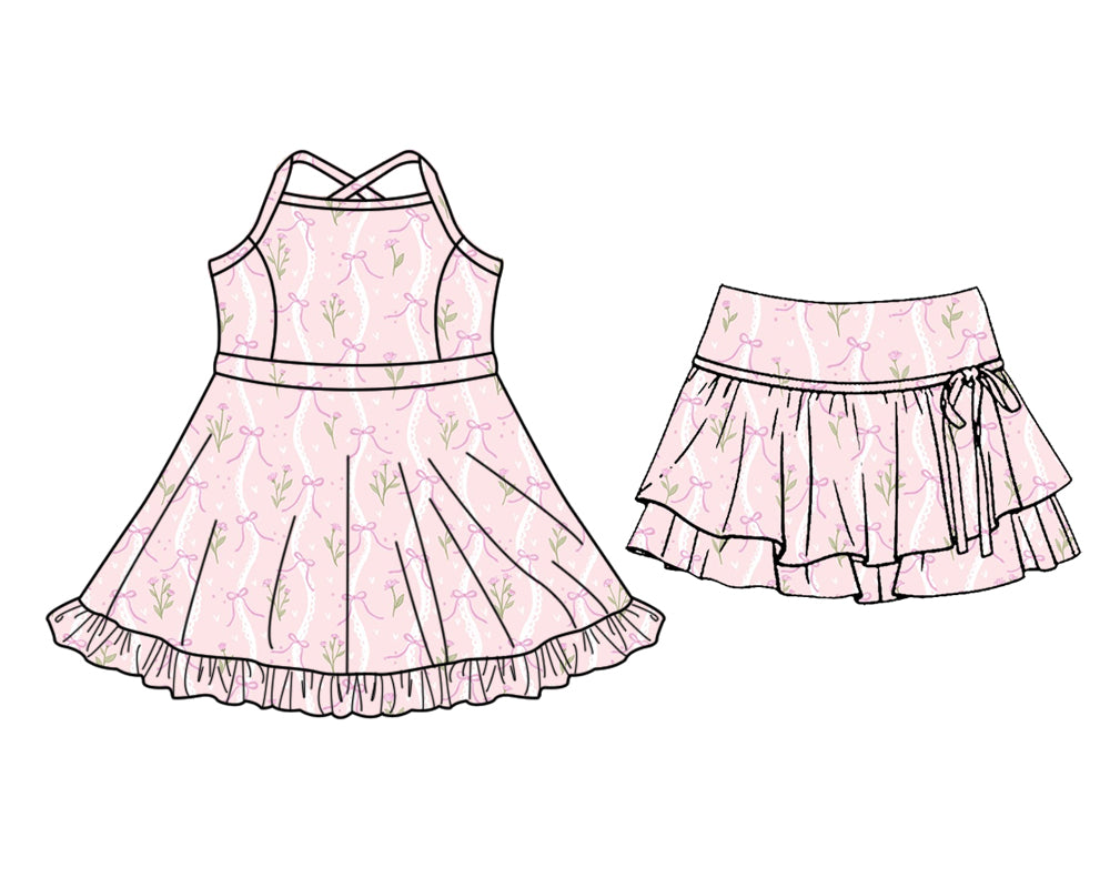 3.10 Custom moq 5 mix size Sibling Yoga Baby Girl's Pink Sleeveless Yoga Dress Knee-Length Active Skirt Shorts Bottom