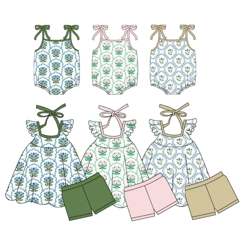 Custom moq 5 mix size Sibling Baby Girl Floral Print Flutter Sleeve Top And Shorts Set Cute Sleeveless Romper Outfit for Little Ones