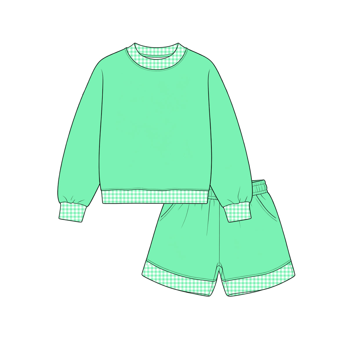 Custom moq 5 girls Blank Cotton Fabric Sweatshirt Shorts Set Mint green sweatshirt and shorts set