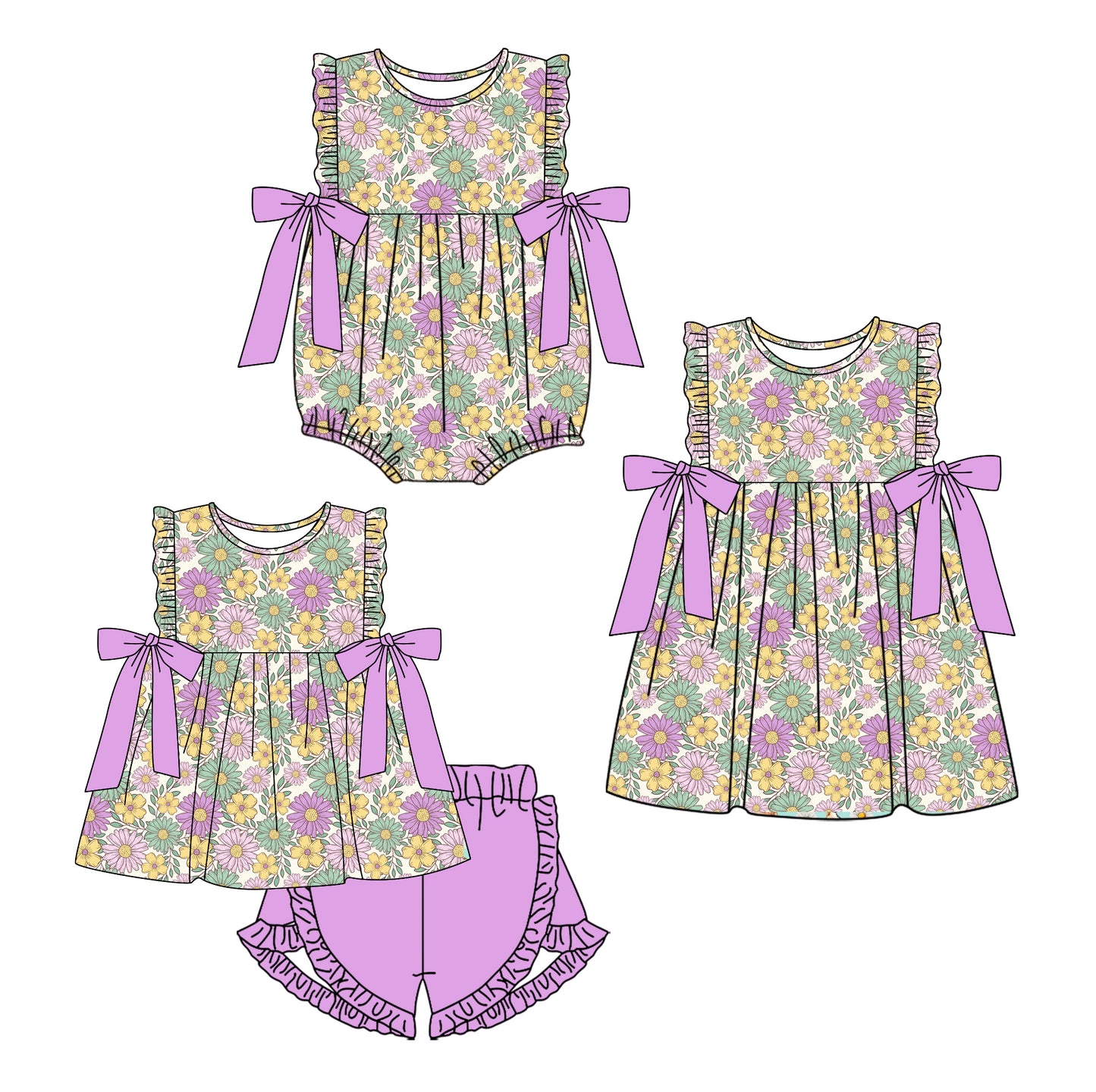 11.15 custom each style moq 5eta 4-6week Sibling Sister floral baby girl short sleeve shorts sets and dress and rompers match family design