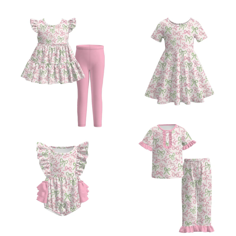 Custom moq 5 each style eta 6-7weeks bow baby girl short sleeve pant sets 1 and sets 2 and dress and romper
