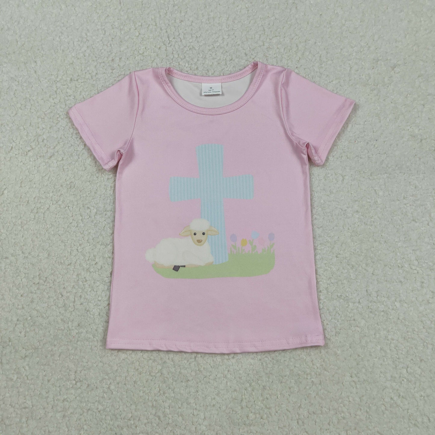 RTS NO MOQ(In Stock) Sheep Cross Pink Short-Sleeve Top