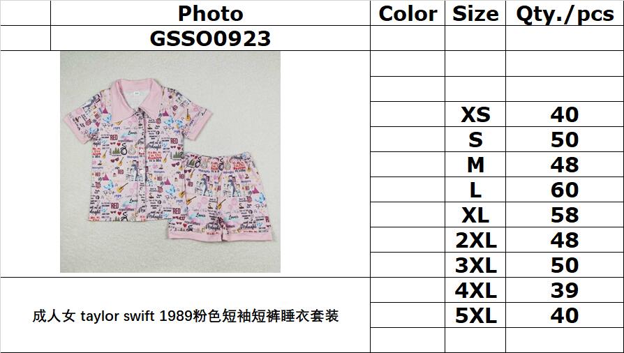 GSSO0923 Adult women taylor swift 1989 pink short sleeve shorts pajama set