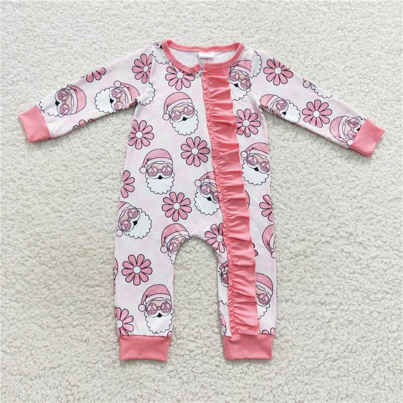 Toddler Girl Christmas Pajama Set & Baby Girl Romper, Retro Peace Sign Santa Daisy Floral Print, Pink Ruffle Long Sleeve Matching Sibling Xmas Sleepwear